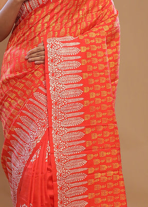 Orange Printed Pure Silk Saree With Blouse Piece - Indian Silk House Agencies