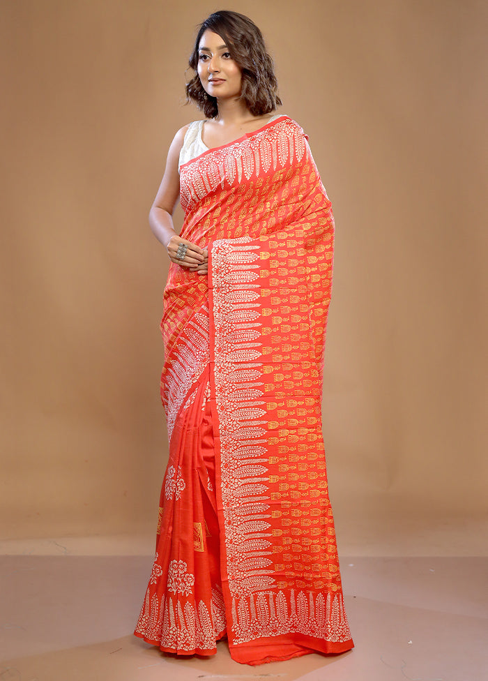 Orange Printed Pure Silk Saree With Blouse Piece - Indian Silk House Agencies