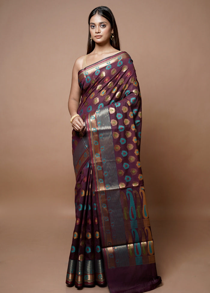 Maroon Kora Silk Saree With Blouse Piece