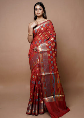 Red Kora Silk Saree With Blouse Piece