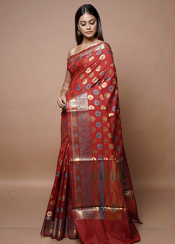 Red Kora Silk Saree With Blouse Piece