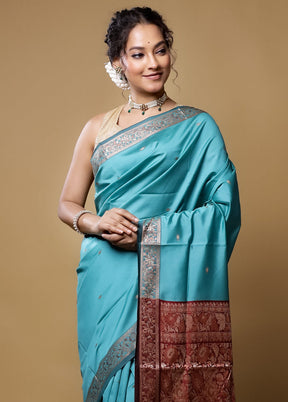 Blue Dupion Silk Saree With Blouse Piece