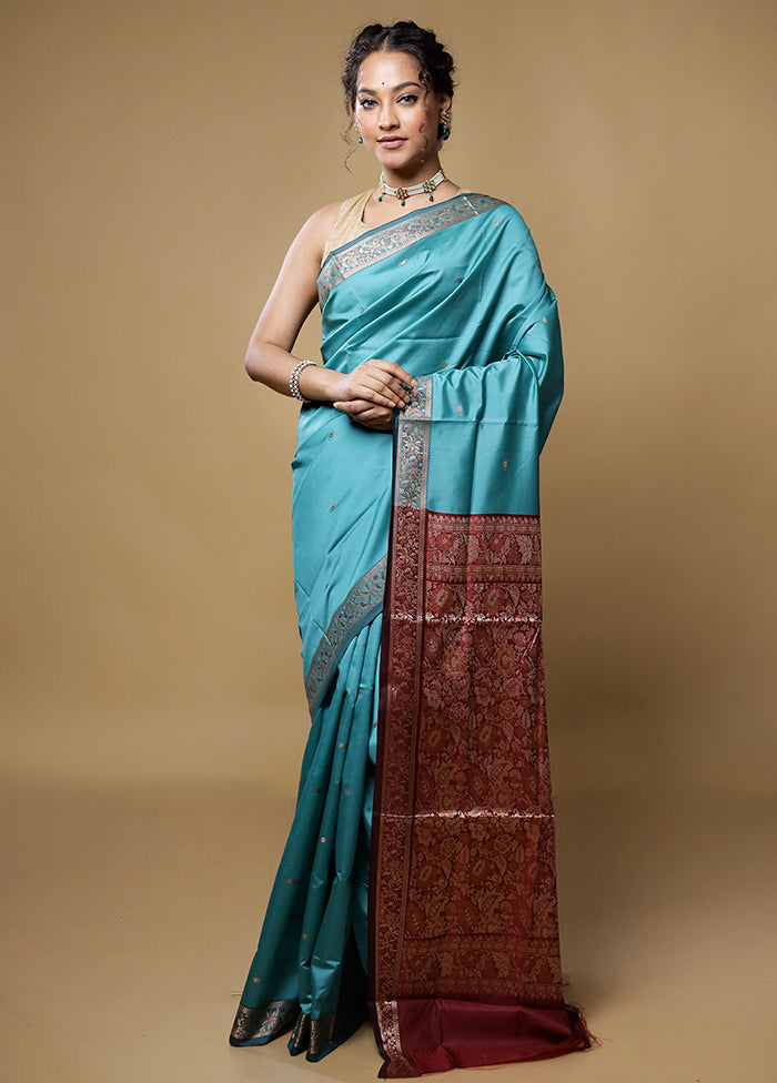 Blue Dupion Silk Saree With Blouse Piece