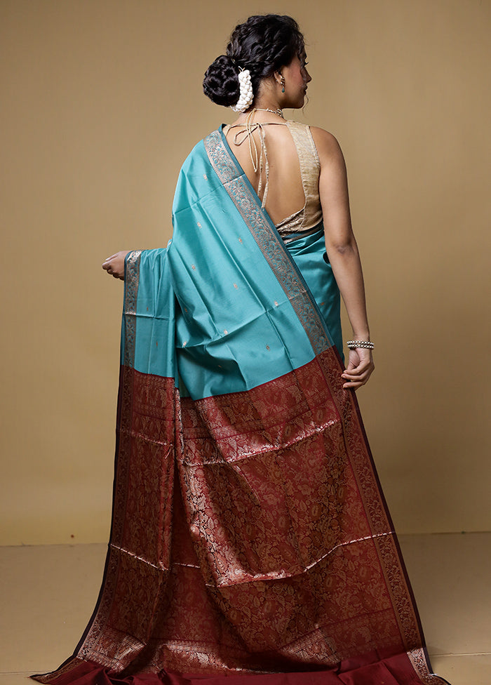 Blue Dupion Silk Saree With Blouse Piece