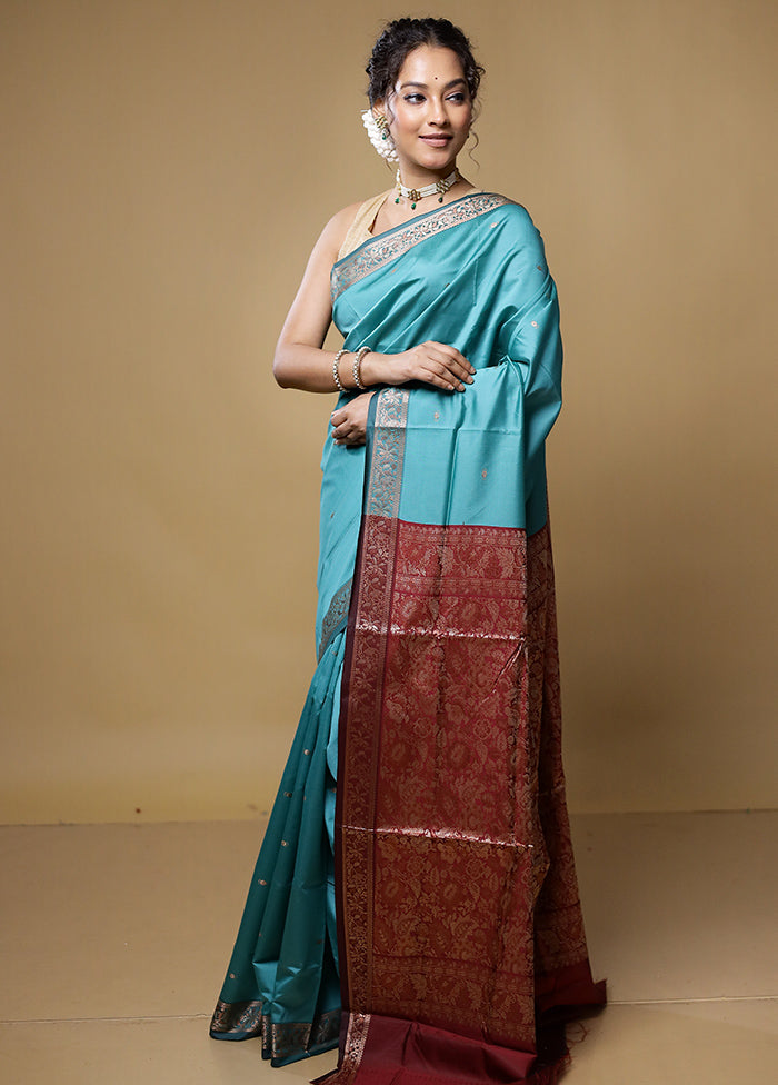 Blue Dupion Silk Saree With Blouse Piece