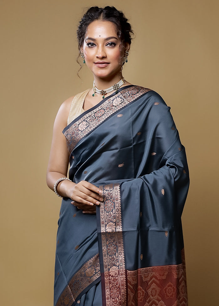 Grey Dupion Silk Saree With Blouse Piece