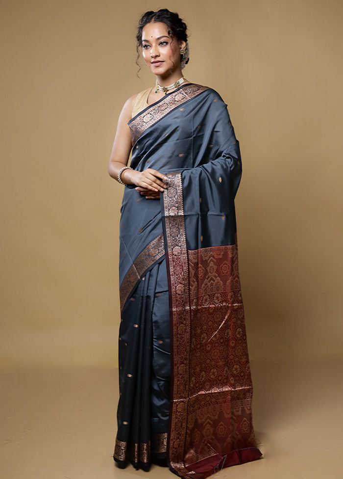 Grey Dupion Silk Saree With Blouse Piece