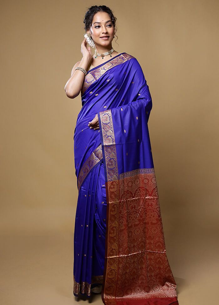 Blue Dupion Silk Saree With Blouse Piece