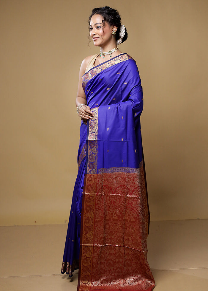 Blue Dupion Silk Saree With Blouse Piece