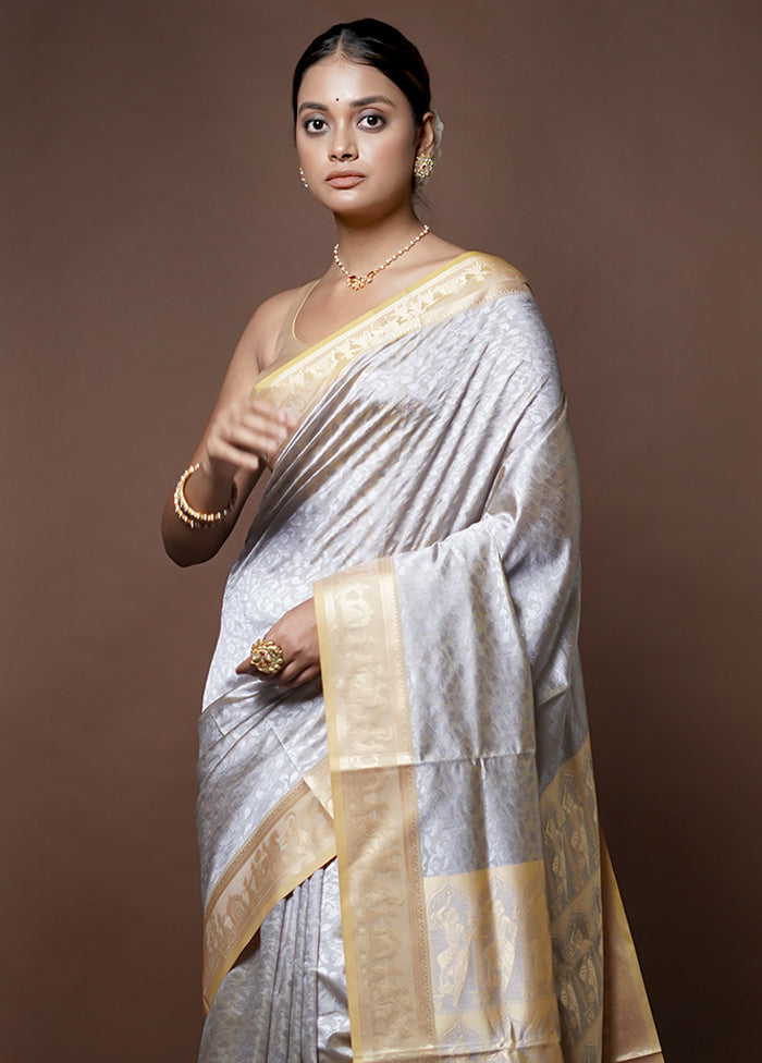 Grey Dupion Silk Saree With Blouse Piece