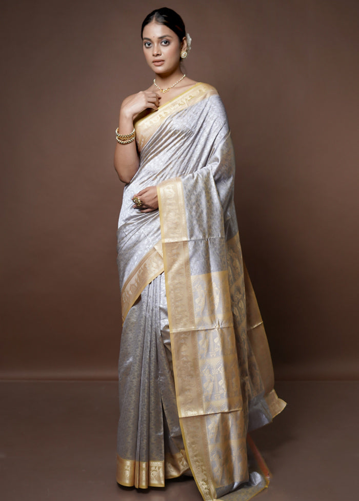 Grey Dupion Silk Saree With Blouse Piece