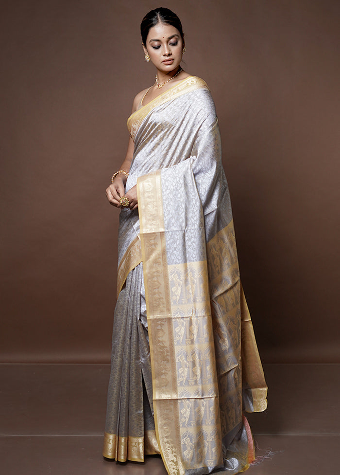 Grey Dupion Silk Saree With Blouse Piece