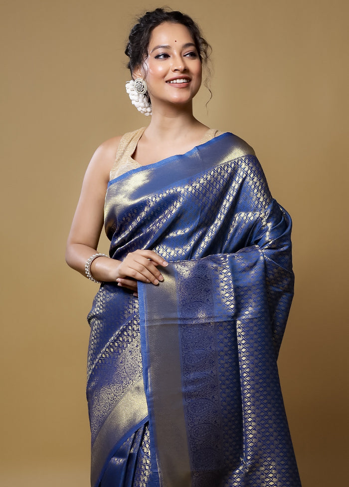 Blue Dupion Silk Saree With Blouse Piece