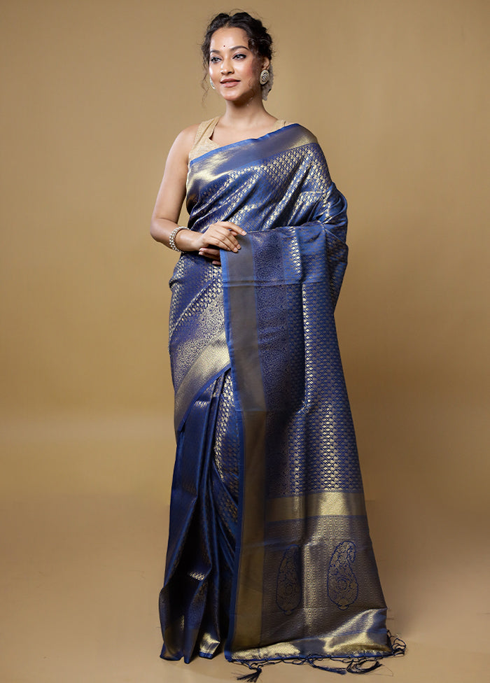 Blue Dupion Silk Saree With Blouse Piece