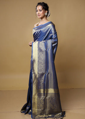 Blue Dupion Silk Saree With Blouse Piece