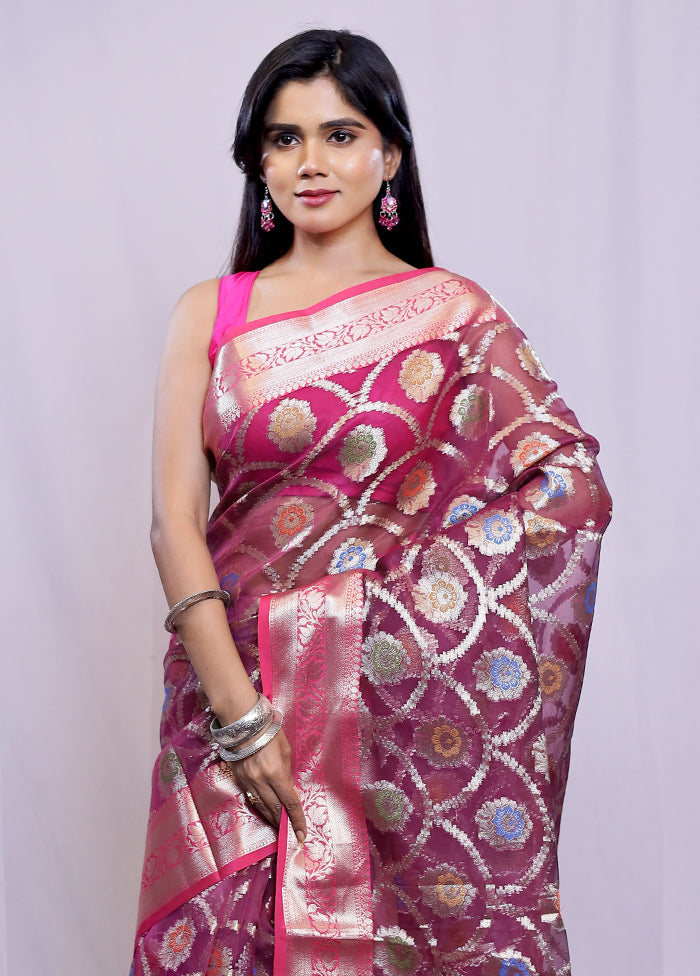 Purple Organza Saree With Blouse Piece - Indian Silk House Agencies