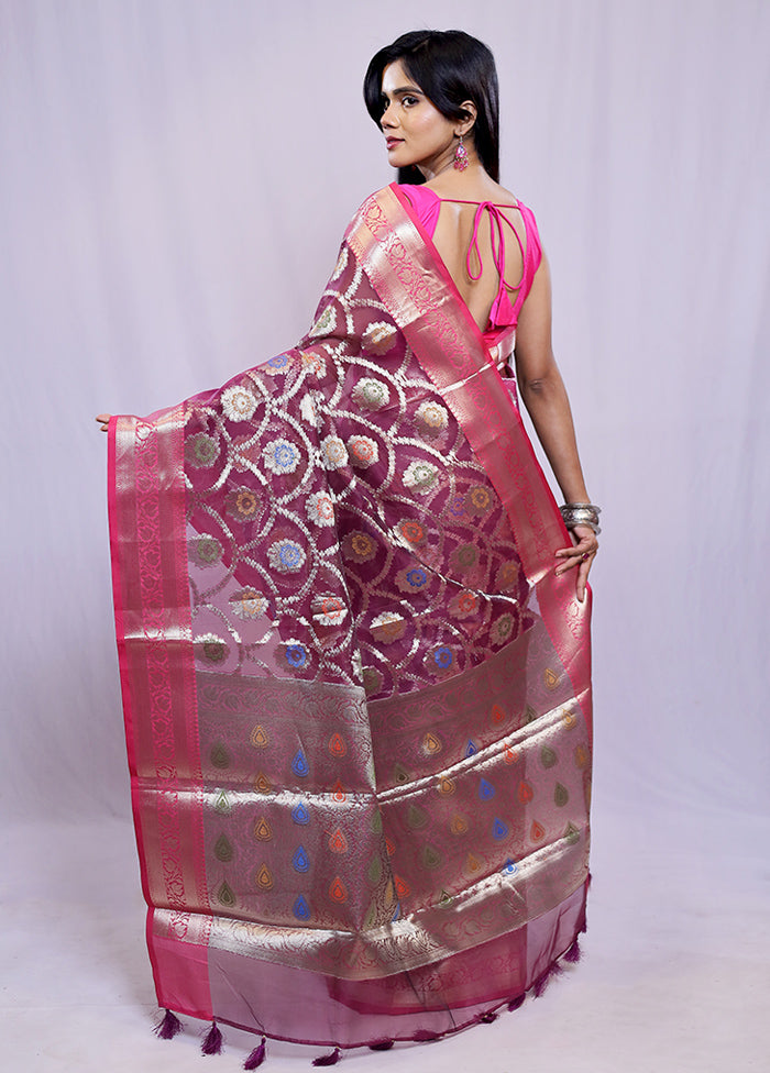 Purple Organza Saree With Blouse Piece - Indian Silk House Agencies