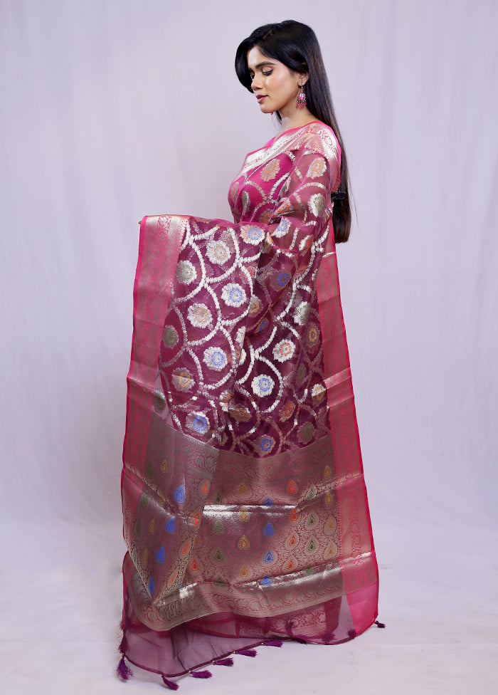 Purple Organza Saree With Blouse Piece - Indian Silk House Agencies