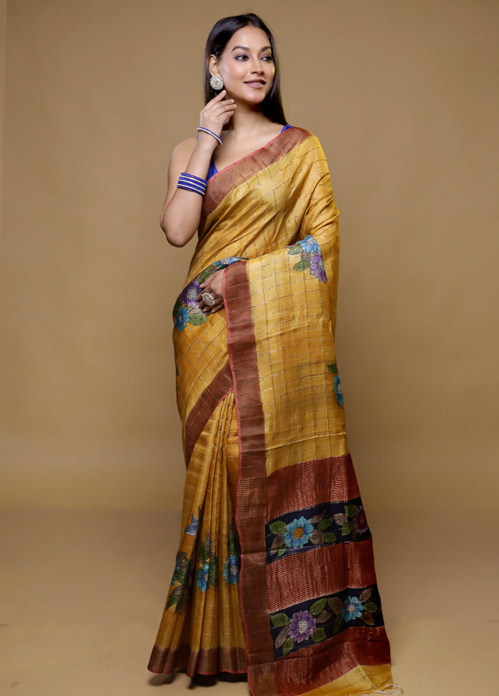 Yellow Tussar Silk Saree With Blouse Piece