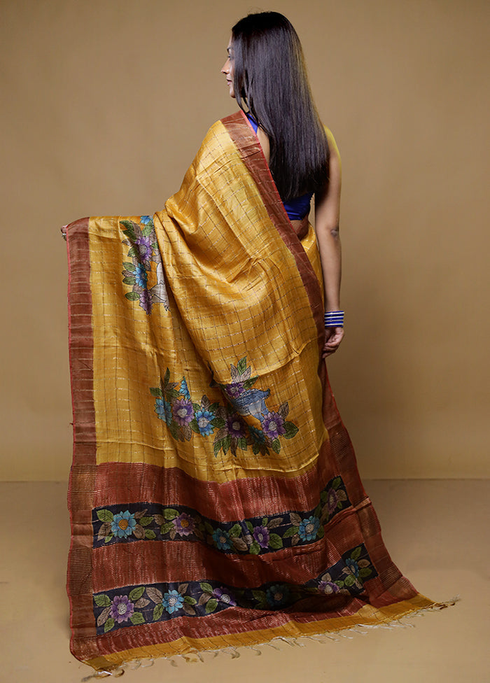 Yellow Tussar Silk Saree With Blouse Piece