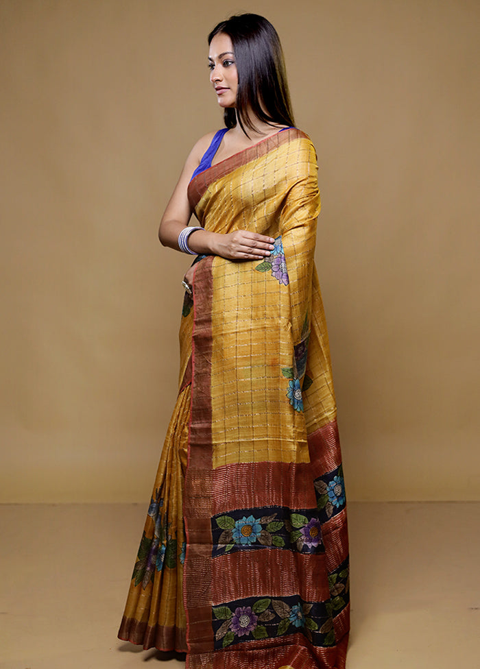 Yellow Tussar Silk Saree With Blouse Piece