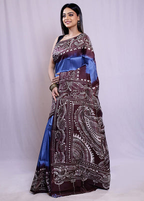 Blue Printed Pure Silk Saree With Blouse Piece - Indian Silk House Agencies