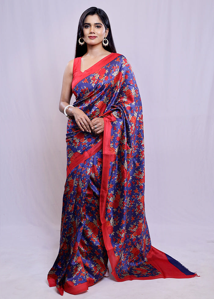 Blue Printed Pure Silk Saree With Blouse Piece - Indian Silk House Agencies