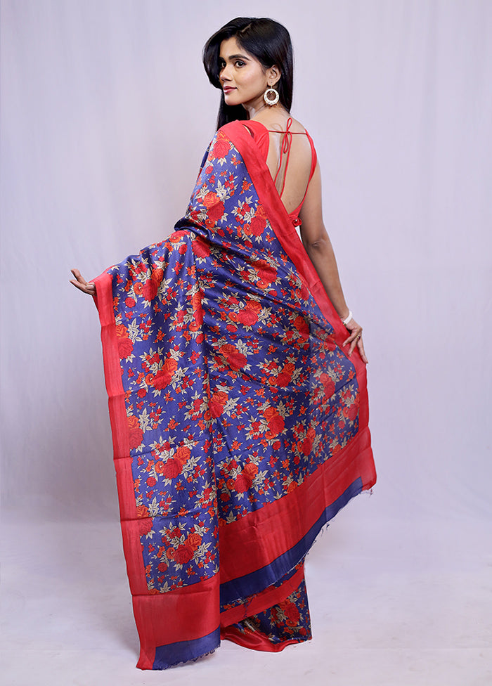 Blue Printed Pure Silk Saree With Blouse Piece - Indian Silk House Agencies