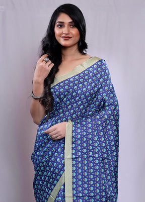 Blue Printed Pure Silk Saree With Blouse Piece - Indian Silk House Agencies