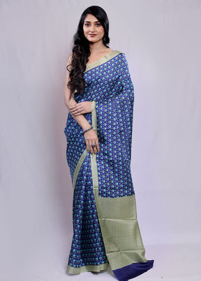 Blue Printed Pure Silk Saree With Blouse Piece - Indian Silk House Agencies