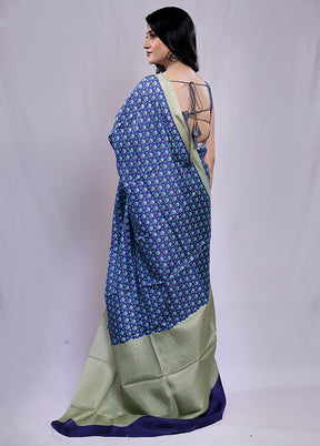 Blue Printed Pure Silk Saree With Blouse Piece - Indian Silk House Agencies