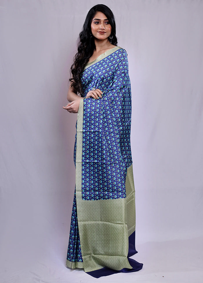 Blue Printed Pure Silk Saree With Blouse Piece - Indian Silk House Agencies