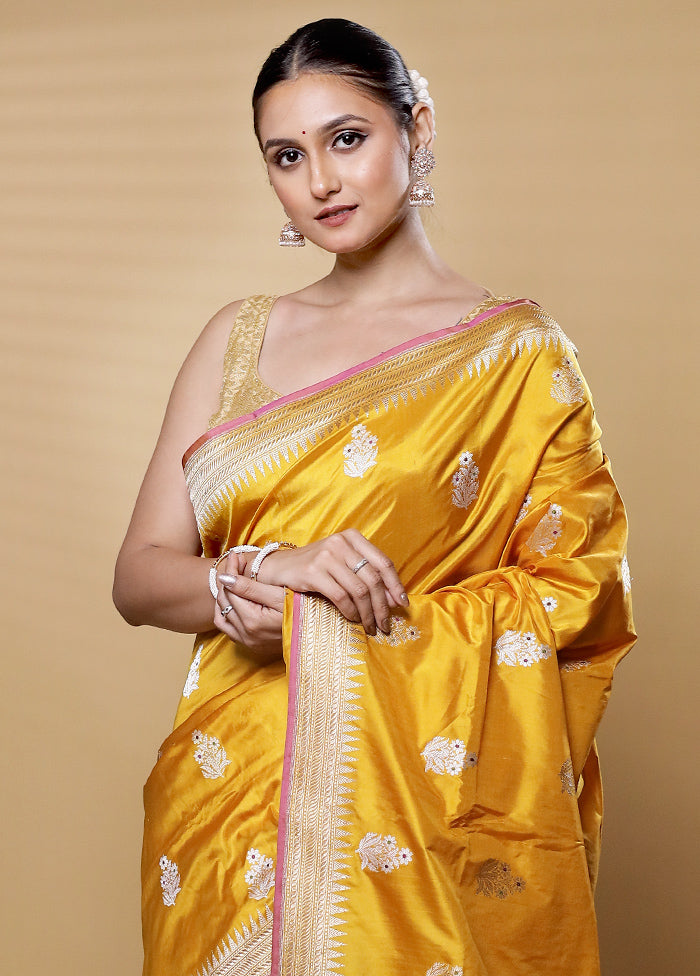 Yellow Handloom Katan Pure Silk Saree With Blouse Piece