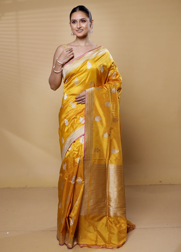 Yellow Handloom Katan Pure Silk Saree With Blouse Piece