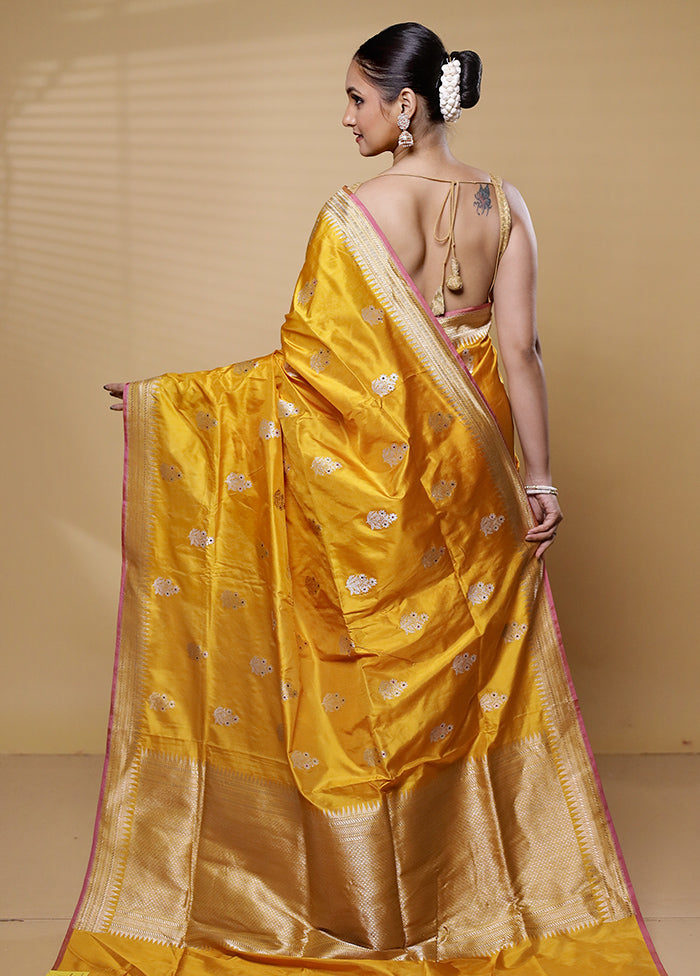 Yellow Handloom Katan Pure Silk Saree With Blouse Piece