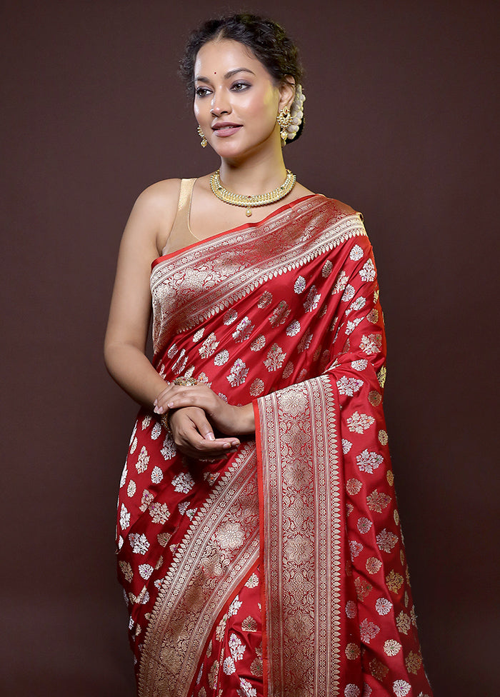 Red Handloom Katan Pure Silk Saree With Blouse Piece