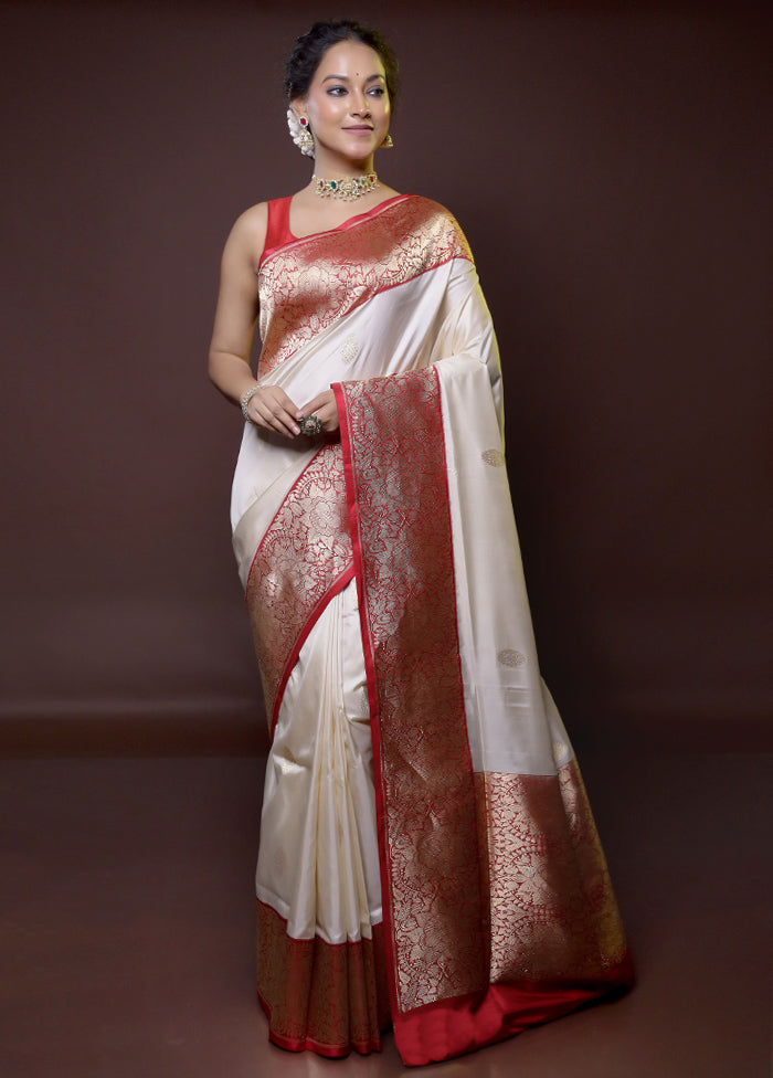 Cream Handloom Katan Pure Silk Saree With Blouse Piece