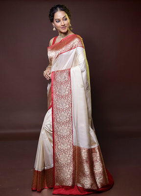 Cream Handloom Katan Pure Silk Saree With Blouse Piece