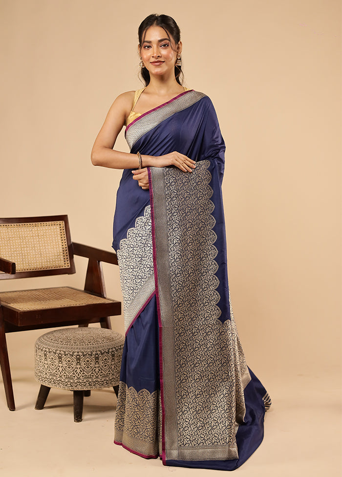 Blue Katan Silk Saree With Blouse Piece