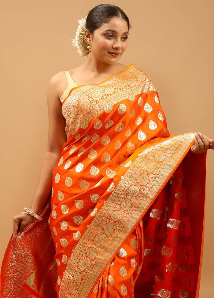 Orange Banarasi Silk Saree With Blouse Piece