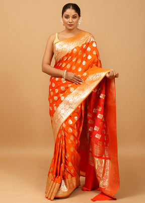 Orange Banarasi Silk Saree With Blouse Piece