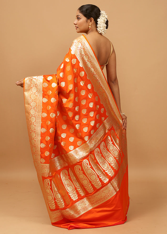 Orange Banarasi Silk Saree With Blouse Piece