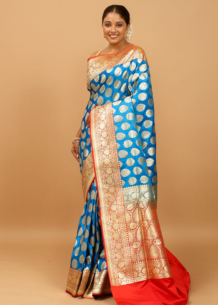 Blue Banarasi Silk Saree With Blouse Piece