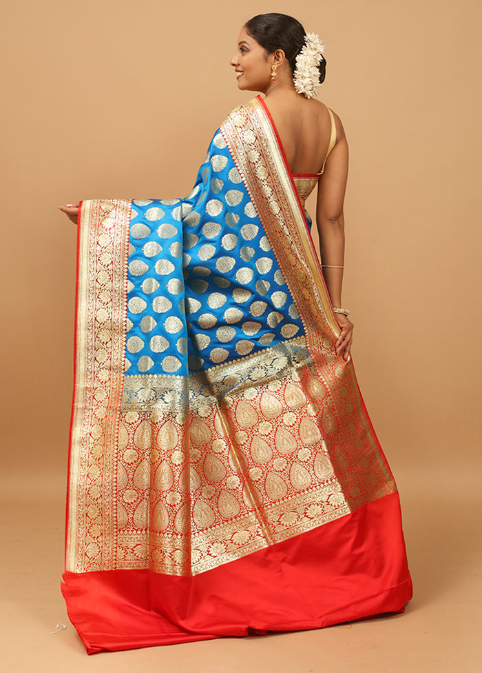 Blue Banarasi Silk Saree With Blouse Piece