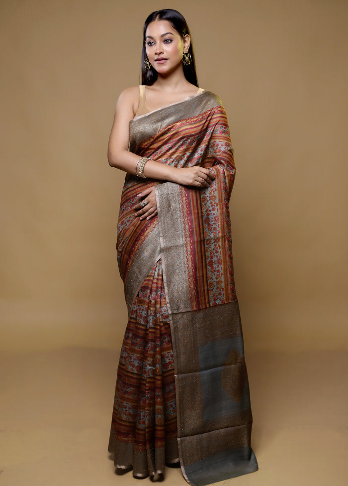 Blue Handloom Tussar Pure Silk Saree With Blouse Piece