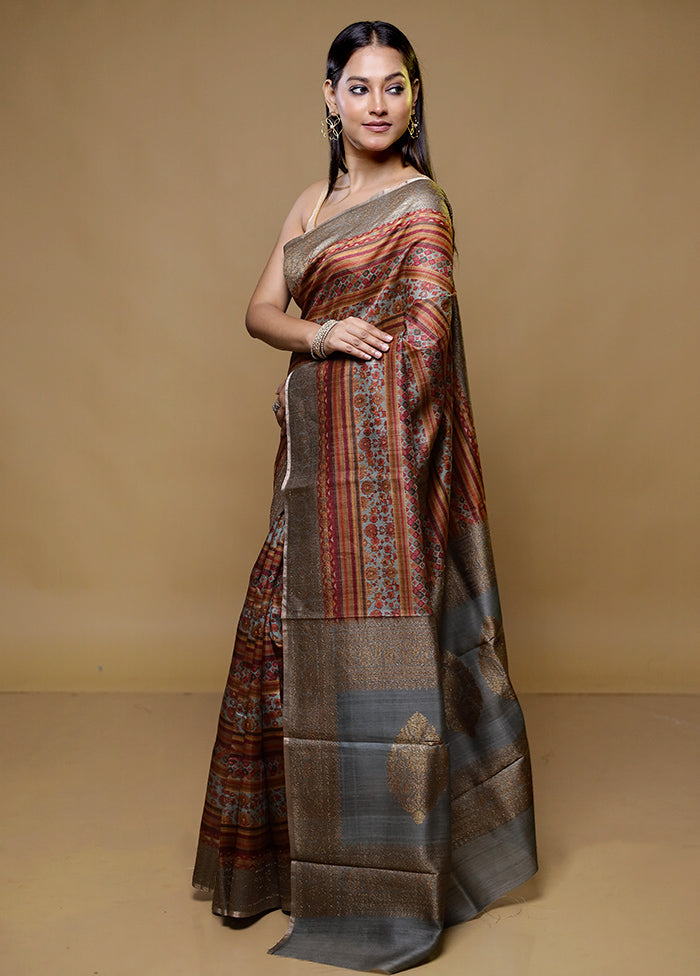 Blue Handloom Tussar Pure Silk Saree With Blouse Piece