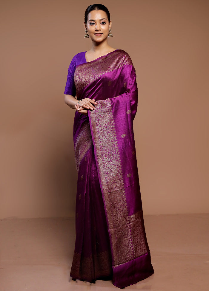 Purple Handloom Tussar Pure Silk Saree With Blouse Piece