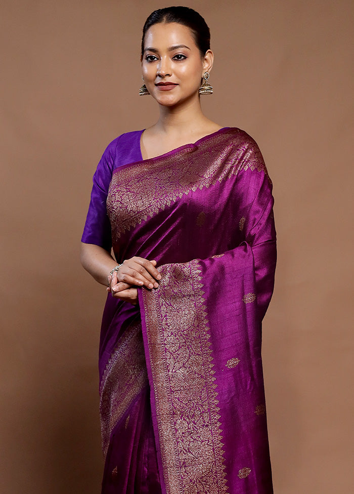 Purple Handloom Tussar Pure Silk Saree With Blouse Piece