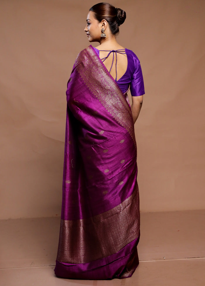 Purple Handloom Tussar Pure Silk Saree With Blouse Piece