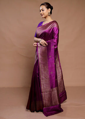 Purple Handloom Tussar Pure Silk Saree With Blouse Piece